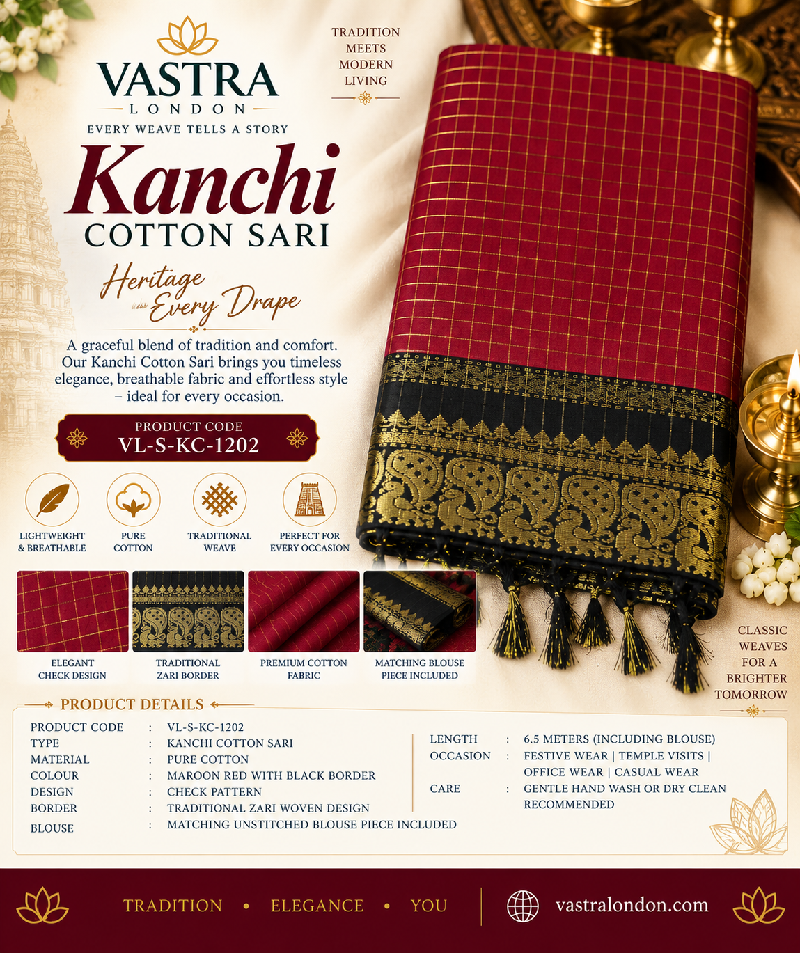 Kanchi Cotton Sari – Maroon Red with Black Border