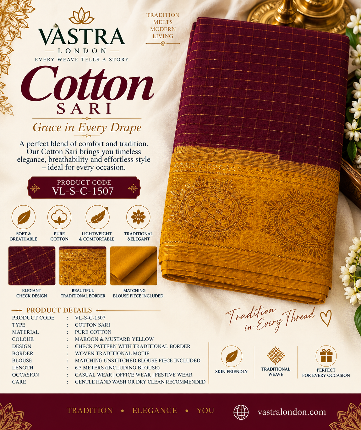 Maroon & Mustard Traditional Cotton Sari