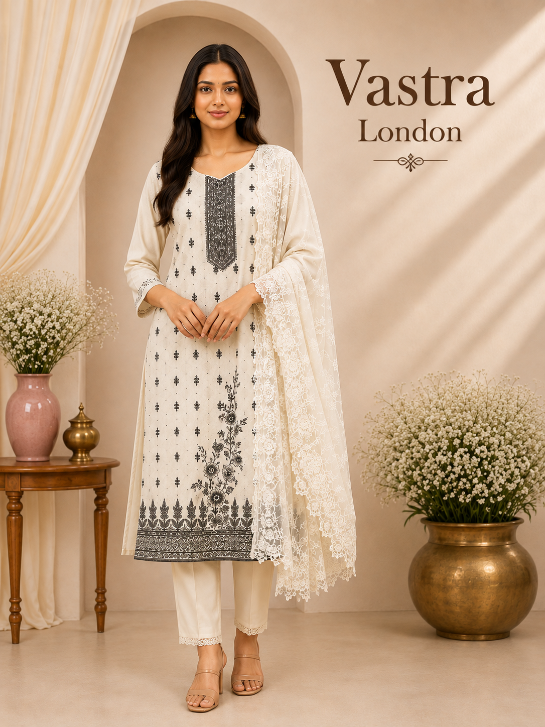 Ivory & Black Embroidered 3-Piece Set