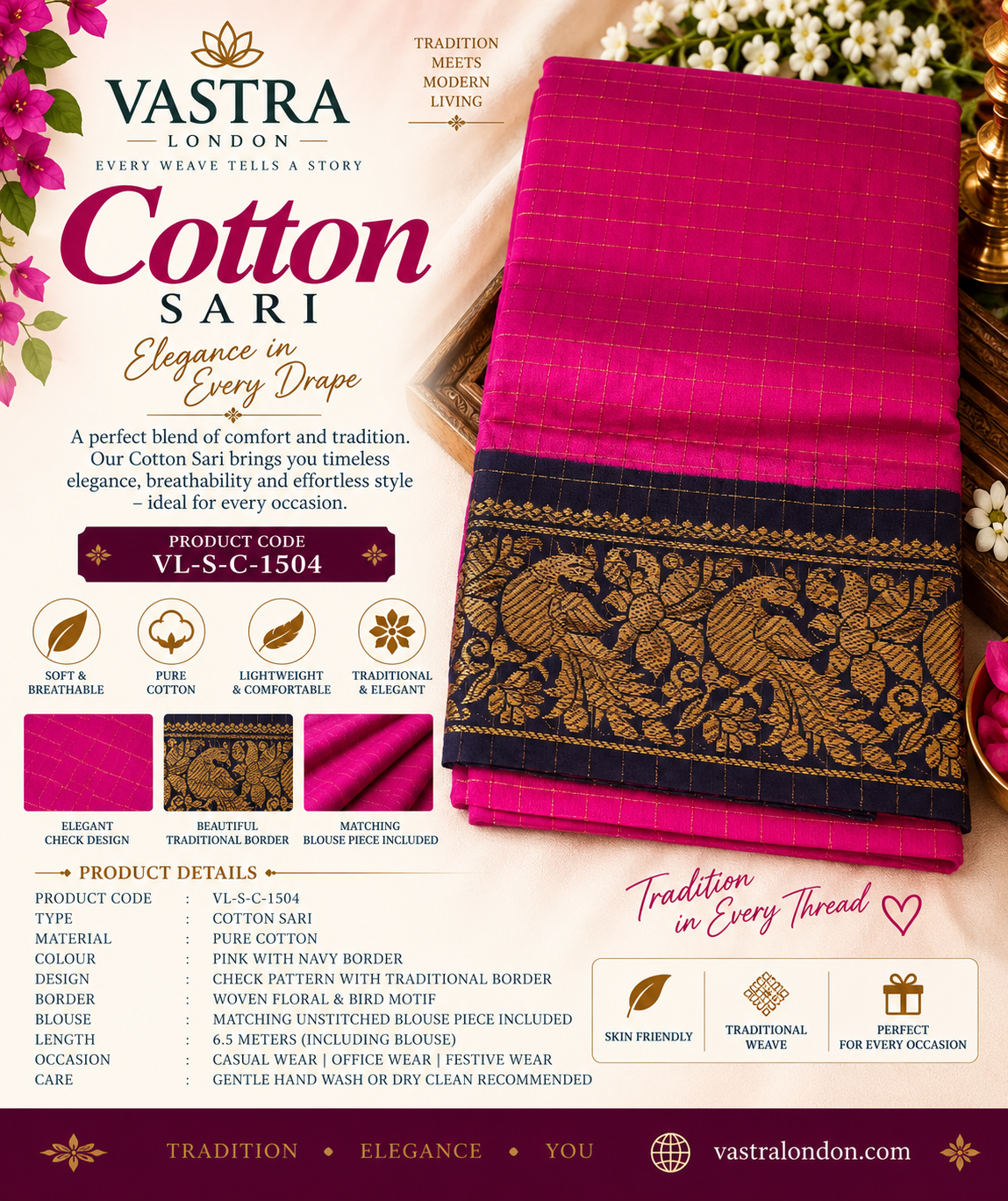 Vibrant Pink with Navy Blue & Gold Border