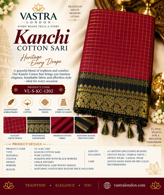 Kanchi Cotton Sari – Maroon Red with Black Border