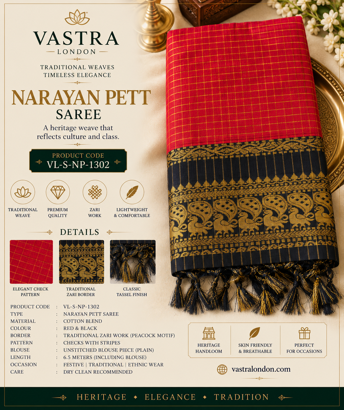 Narayan Pett Saree Rich Red with Black & Gold Border