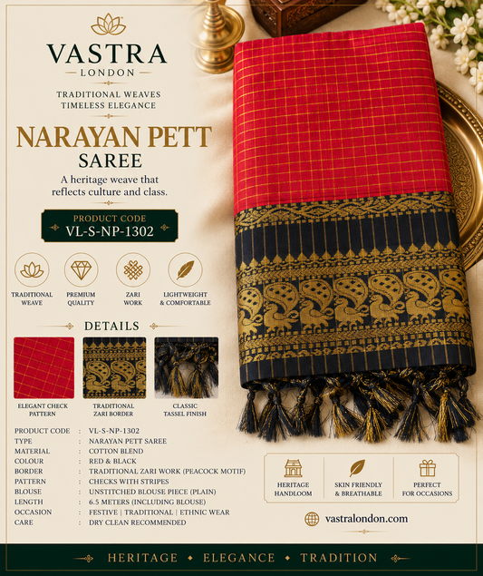 Narayan Pett Saree Rich Red with Black & Gold Border