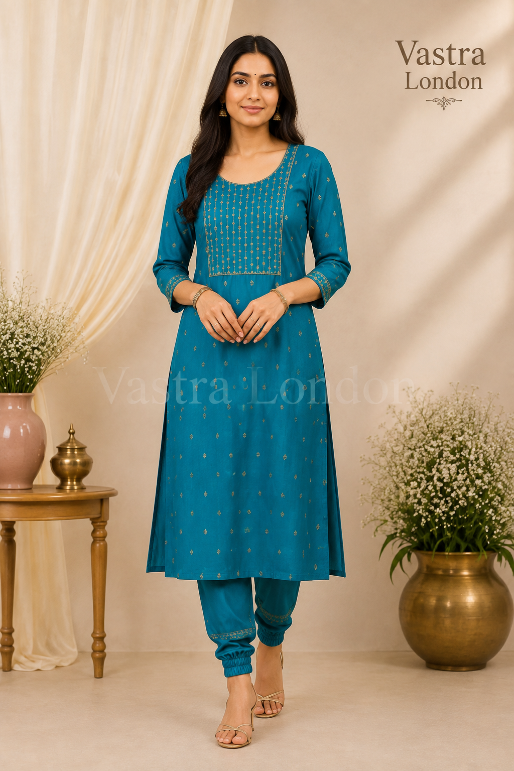 Teal Embroidered 2-Piece Kurta Set