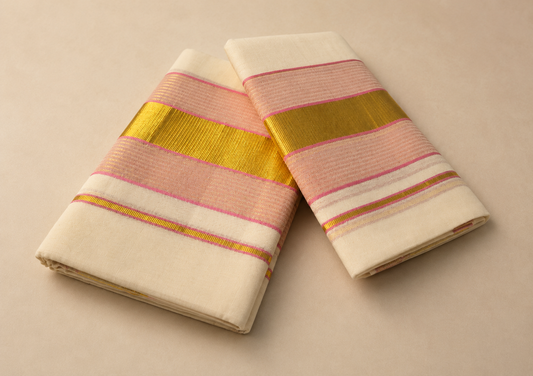 Kerala Set Mundu Pink & Gold