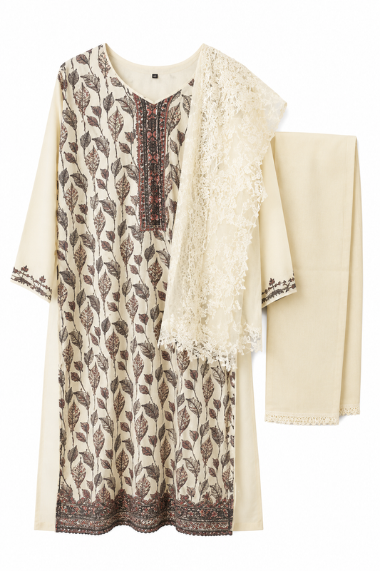 Ivory Printed 3-Piece Churidar Set