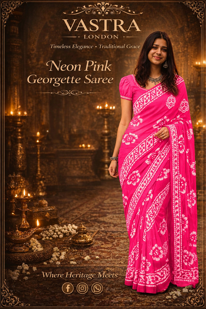 Crepe Georgette Saree with Unstitched Blouse Piece (Neon Pink )