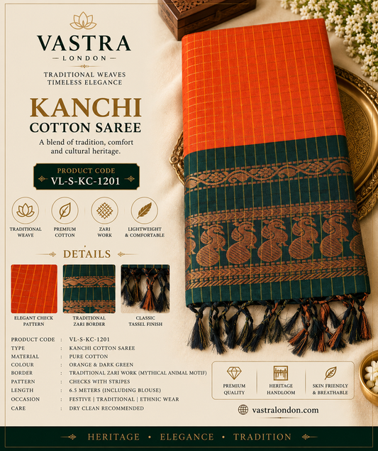 Kanchi cotton Orange / Dark Green  with Unstitched Blouse