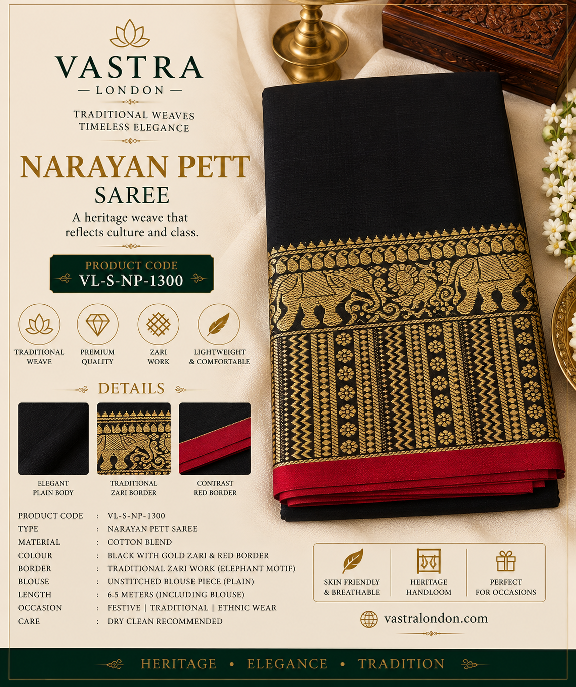 Narayan Pett Saree Black with Gold & Deep Red