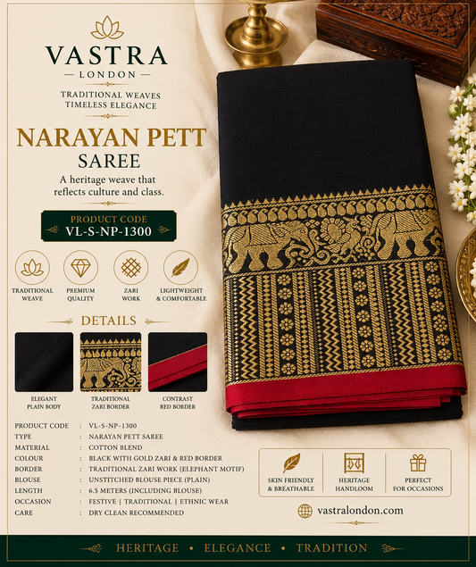 Narayan Pett Saree Black with Gold & Deep Red