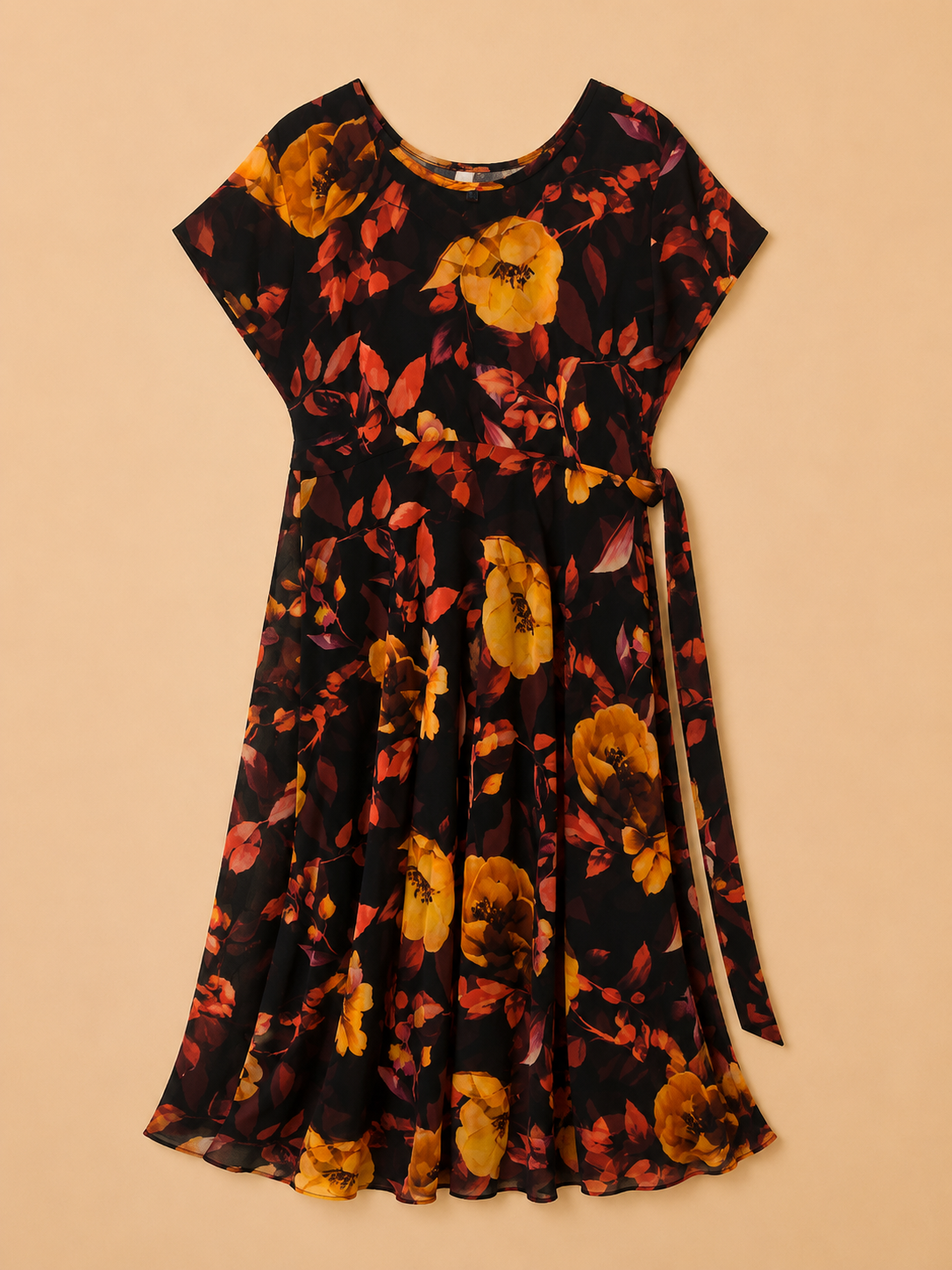 Black &amp; Orange Floral Flared Maxi Dress