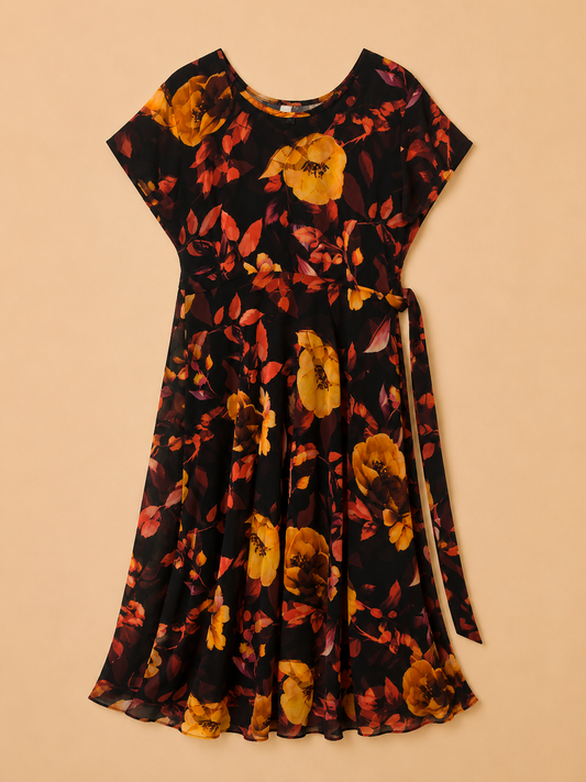Black &amp; Orange Floral Flared Maxi Dress