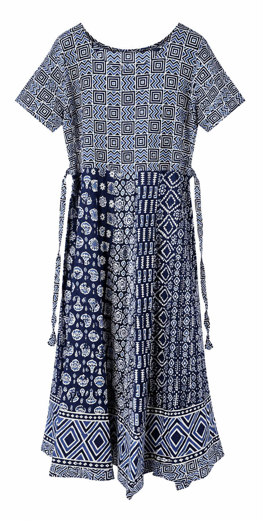 Navy Blue Geometric Print Semi-Cotton Maxi Dress