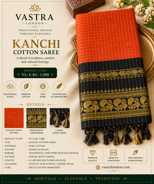 Kanchi cotton Orange / Black with Unstitched Blouse