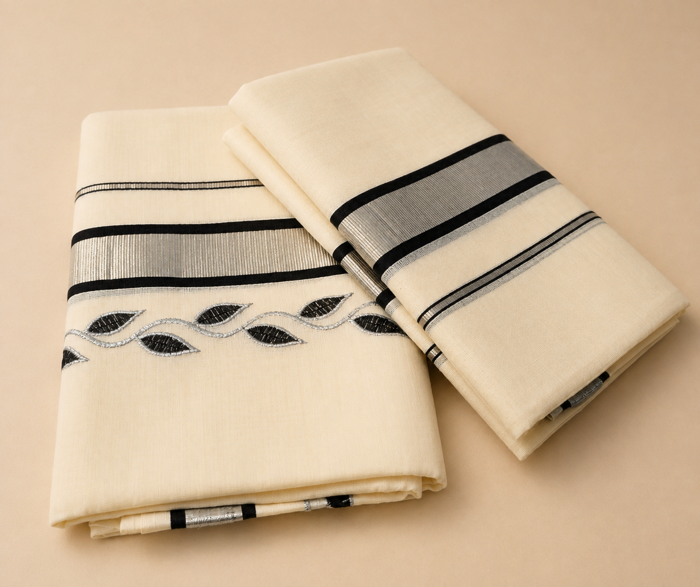 Kerala cotton Set Mund (Black and silver border)