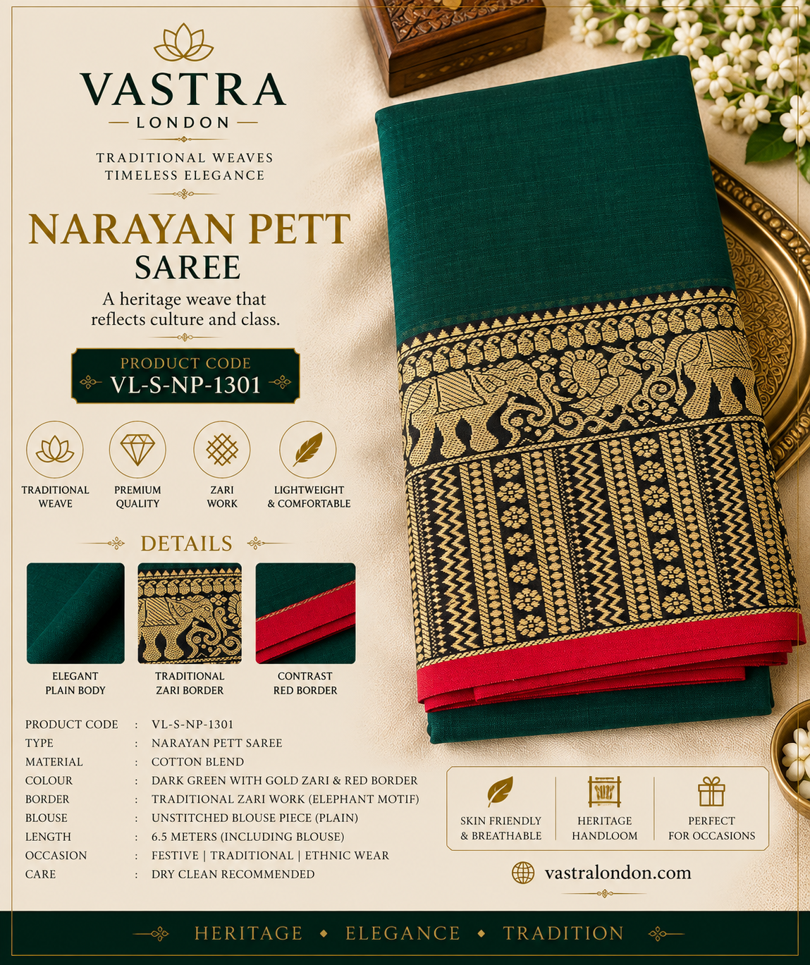 Narayan Pett SareeDark Green with Gold & Red Border