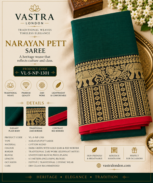 Narayan Pett SareeDark Green with Gold & Red Border