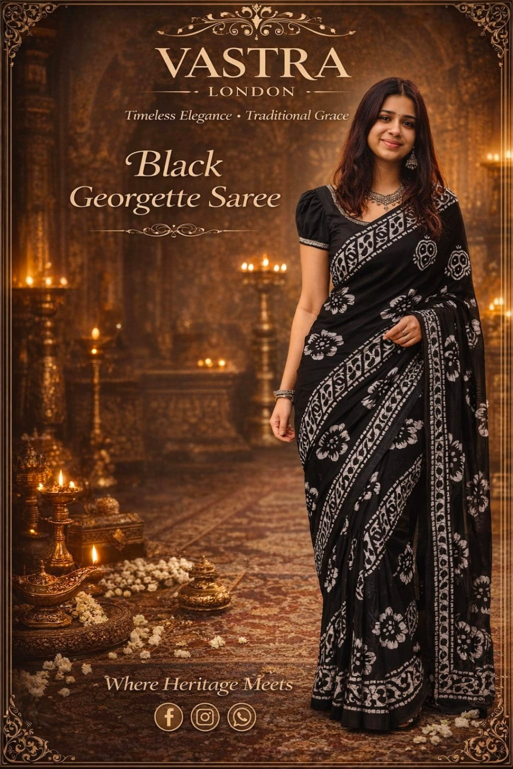 Crepe Georgette Saree with Unstitched Blouse Piece (Black)