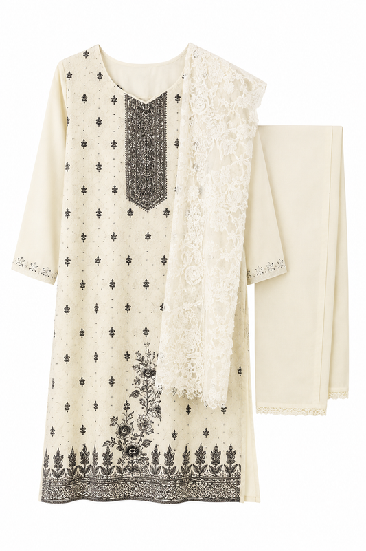 Ivory &amp; Black Embroidered 3-Piece&nbsp; Set