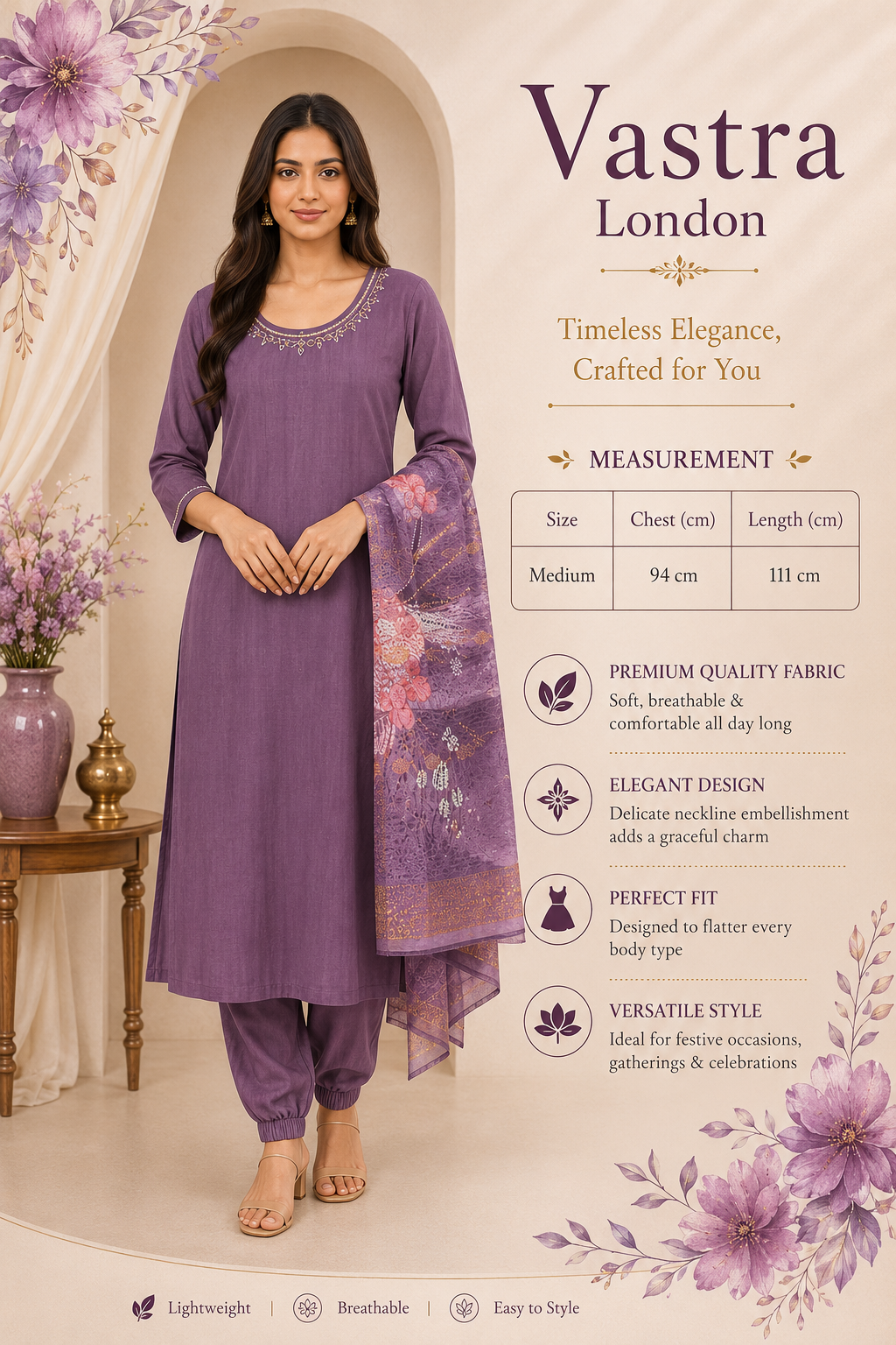 Mauve Purple 3-Piece Churidar Set